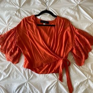 Blue Rain Orange Wrap Tie Front Lace Sleeve Blouse - Medium - Boho Boutique